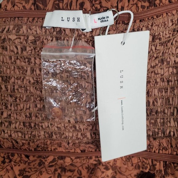 Lush NWT Size L Dress Mini Smocked Cutout Back Puff Sleeve Woodland Floral Rust - Picture 7 of 11